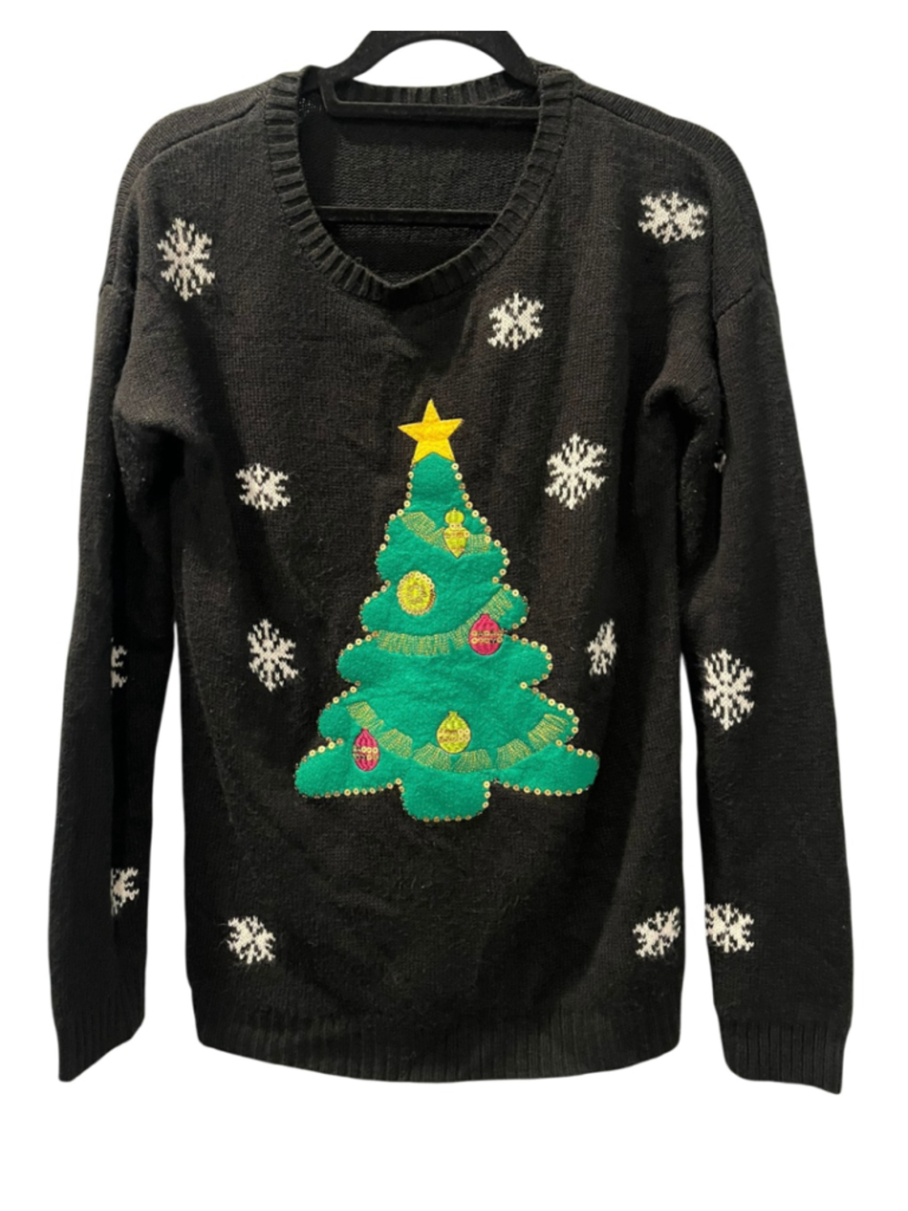 Holiday Time Ugly Christmas Sweater Womens Medium Black Sequined Tree Snowmflake